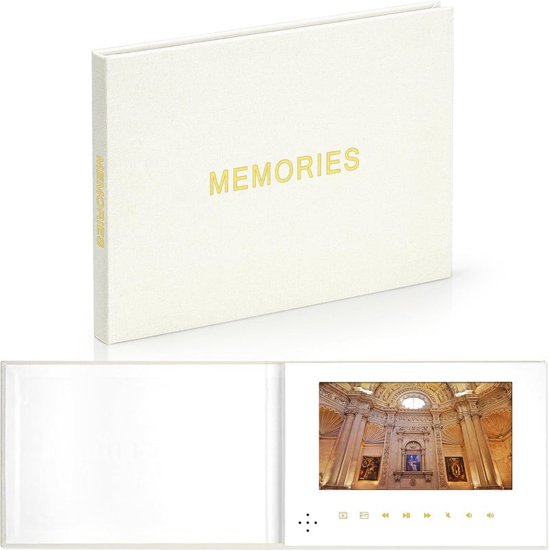 JTRF EclatView “MEMORIES” Video Greeting Book – Linen Hardcover with Gold Foil Lettering, 7-Inch HD Display, 4 GB Storage, Rechargeable Photo & Video Album Gift for Weddings, Anniversaries, Mother’s Day - Image 1